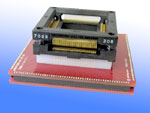 208 Pin QFP adapter with open top clamshell ZIF socket to 0.1 inch breadboard pins.