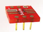 6 pad SOIC package to DIP breadboard adapter converts SMT package with pitch of 50 mils to two 300 mil DIP pin rows.