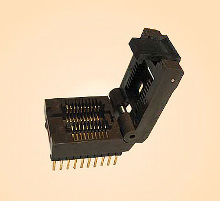 20 Pin programming adapter for 300 mil wide SOIC packages. Has an Enplus hinge lid SOIC ZIF test socket mounted on pin receptacles so it can be easily replaced. This adapter accepts 8 SOIC, 14 SOIC, 16 SOIC, 18 SOIC and 20 SOIC 300-mil wide components,and is wired one-to-one (generic), so it works on any programmer.