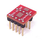 10 pad SSOP package to DIP breadboard adapter converts SMT package with pitch of 0.65 mm to two 300 mil DIP pin rows.