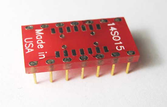 14 pin Adapter enables 14-lead 154 mil (3.9mm) body width SOIC package to be plugged into 300 mil wide DIP socket