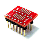 14 pad SOIC package to DIP breadboard adapter converts SMT package with pitch of 50 mils to two 300 mil DIP pin rows.