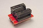 28 Pin programming adapter for devices in 300 mil wide body SOIC packages. Generic wiring means that it works on any programmer.