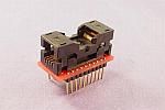 28 TSOP programming adapter for Atmel's 27C520 parallel EPRROM in 28-lead 14mm tip-to-tip TSOP Type 1 package. Open-top socket, 600-mil wide, 20-pin DIP plug with 25-mil square pins. For EMP10,EMP11,EMP20,EMP30 and similar programmers.