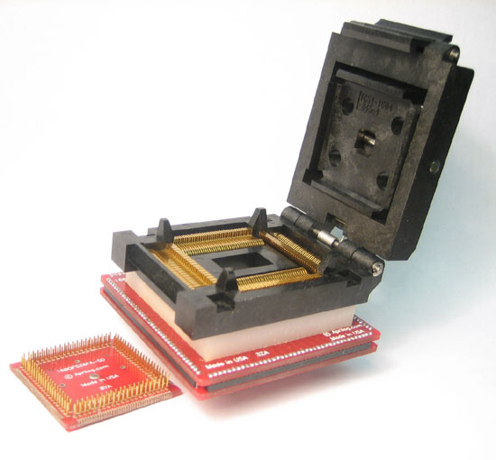 ZIF clamshell lidded socket to pads for 160 lead QFP package with tip-to-tip of 31.2mm.